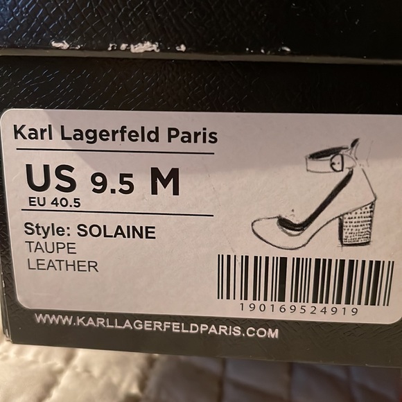 NIB- KARL LAGERFELD PARIS TAUPE LEATHER RHINESTONE BLOCK HEELS SZ 9.5 “Solaine” - Picture 10 of 11